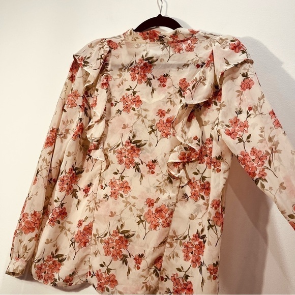 OAK + FORT Floral Sheer Ruffle Balloon Long Sleeve Pink Cream Blouse Bow Tie SM - Picture 7 of 8
